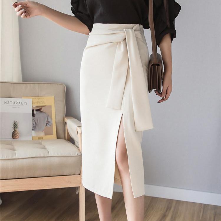 Летняя модная бандажная офисная юбка средней длины, тонкая сексуальная рабочая одежда с разрезом на один шаг, юбки