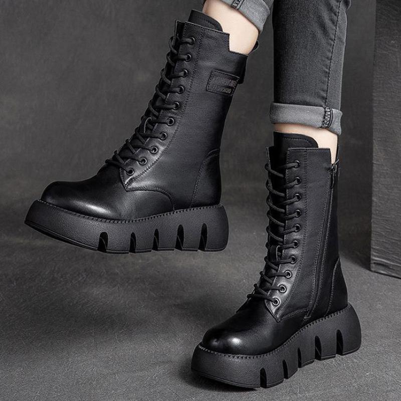 Warm Winter Boots Women Shoes Genuine Leather Plush Zip Round Toe Wedges Handmade Lace-up Platform Boots