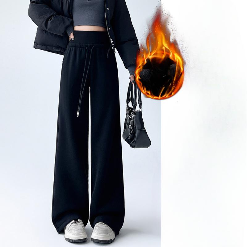 Серые брюки с двойной талией и широкими штанинами для женщин на осень и зиму, плюс бархатная утолщенная свободная повседневная драпированная прямая спортивная модель с высокой талией