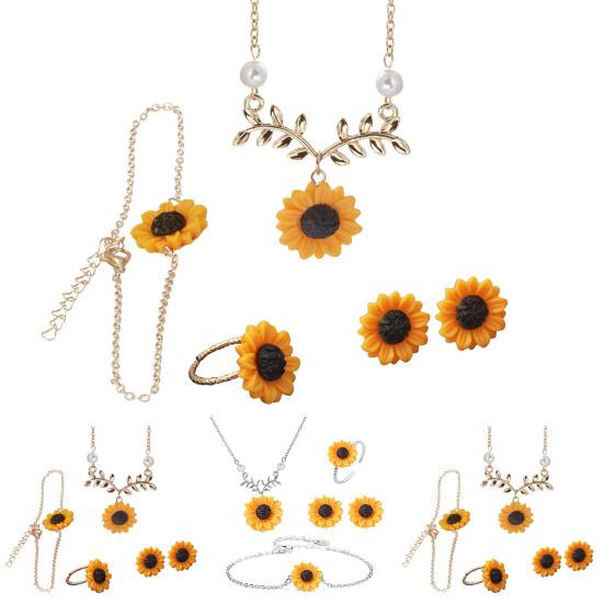 4 шт./компл. женский комплект ювелирных изделий в форме подсолнуха, яркий декор из нержавеющей стали, женское ожерелье, кольцо, ювелирные изделия