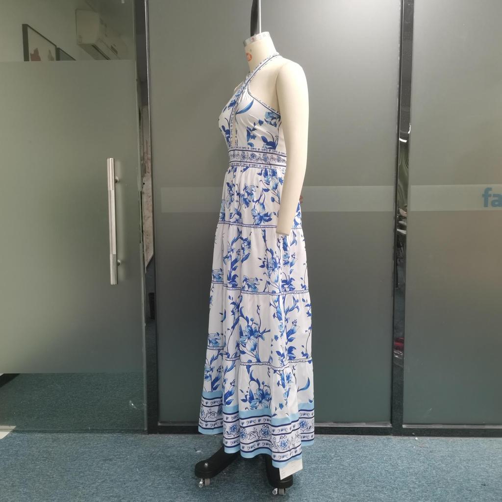 Women Maxi Dresses Summer Fashion Vintage Printed Backless Halterneck Tie Up Cutout Party Beach Long Skirt Dresses
