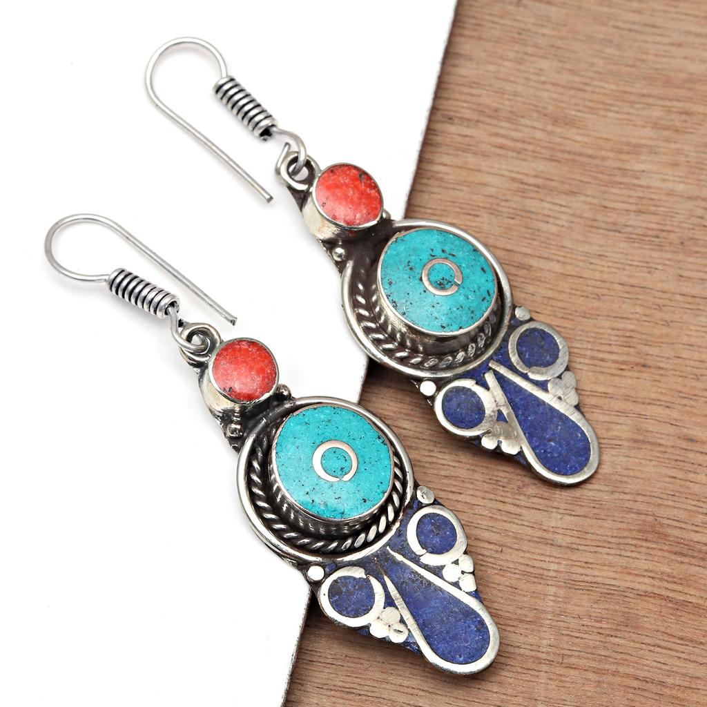 Exquisite Sterling Silver Nepalese Tribal Earrings with Multi-colored Stones