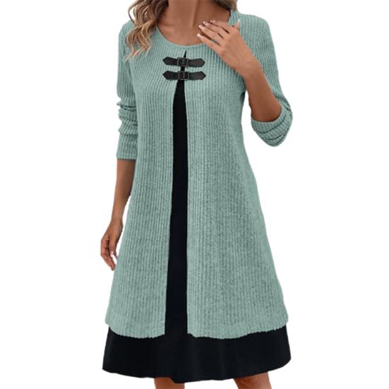 Осенне-весеннее женское платье из двух частей, трапециевидной формы с длинным рукавом, свободный подол, круглая шея, декор с пряжкой, вязаное мягкое цветное платье миди длиной до колена