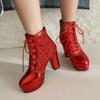 Glitter Silver Gold Ankle Boots Women High Chunky Heel Red Sequined Cloth Party Ladies Winter Plush Lace-up Platform Short Boots