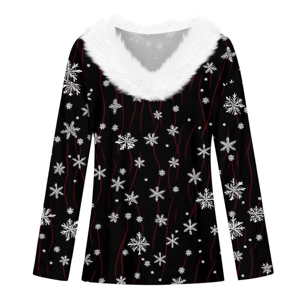 Женский длинный рукав рождественский принт вечеринка плюшевый воротник широкий повседневный V-образный вырез топ