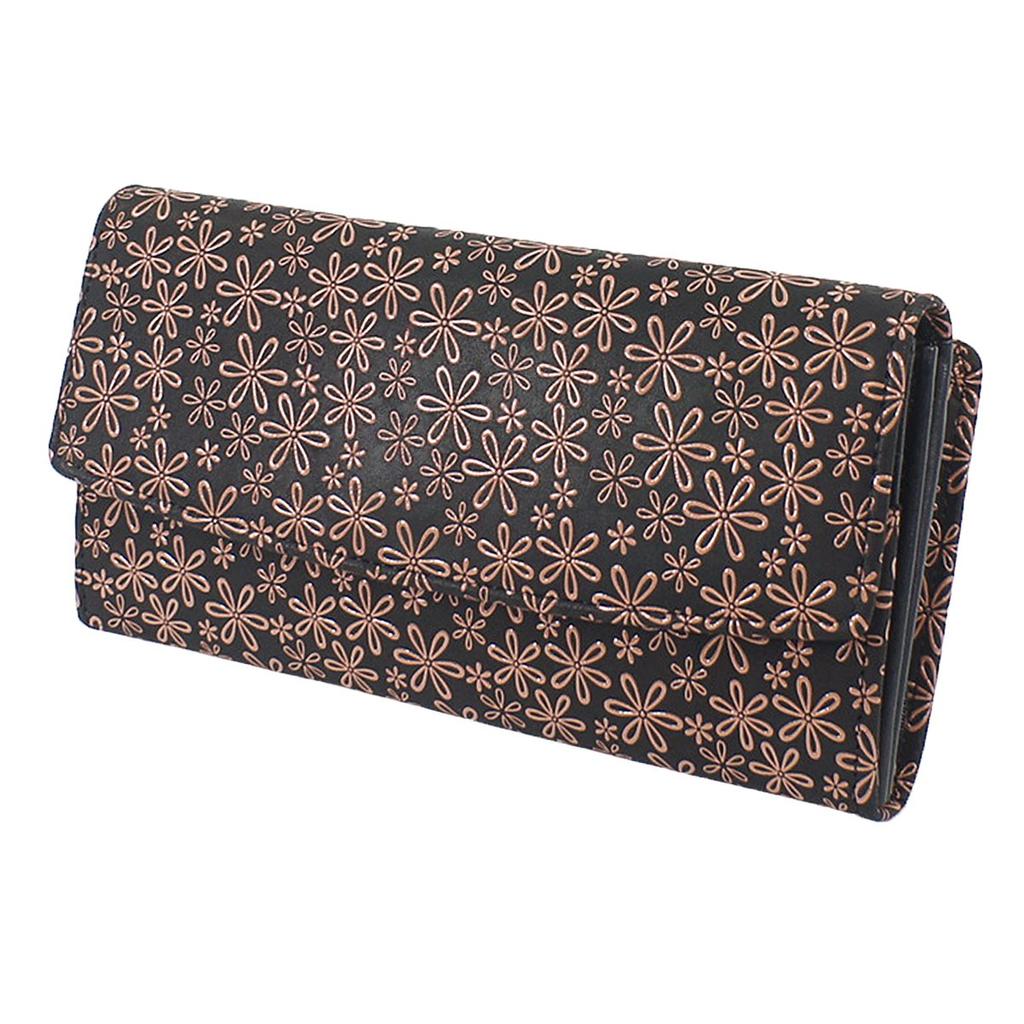 Inden Long Bundle Large Black X Pink Snow Grass Pattern [Indenya] Wallet, S, Capacity, Deerskin, Lacquer, 2310-51-160