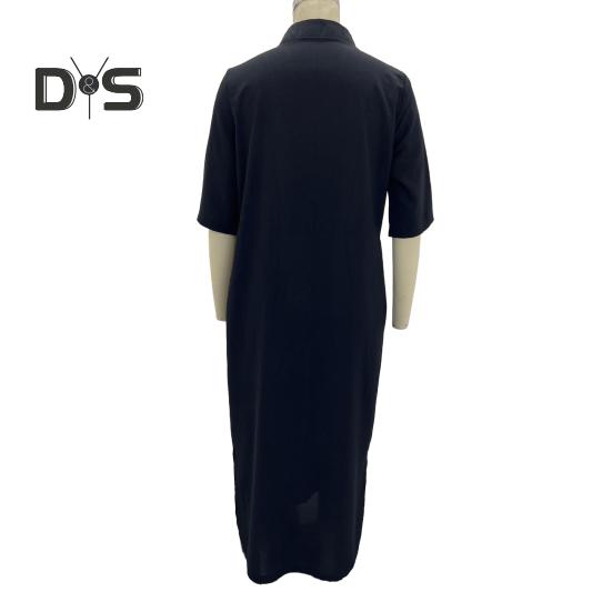 Summer Dress Three-quarter Sleeves Side Slit Loose V Neck Midi Dress with Pockets Solid Color Pleated Pullover Calf Length Casual Dress