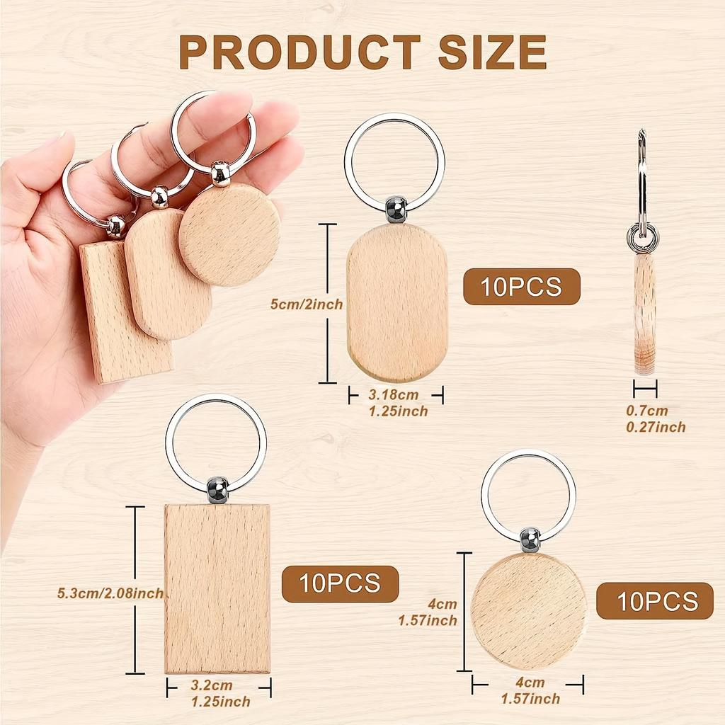 30 заготовок из дерева для лазерной гравировки — 3 формы, заготовки для брелоков, оптом для поделок и подарков, различных брелоков и брелоков для ключей.