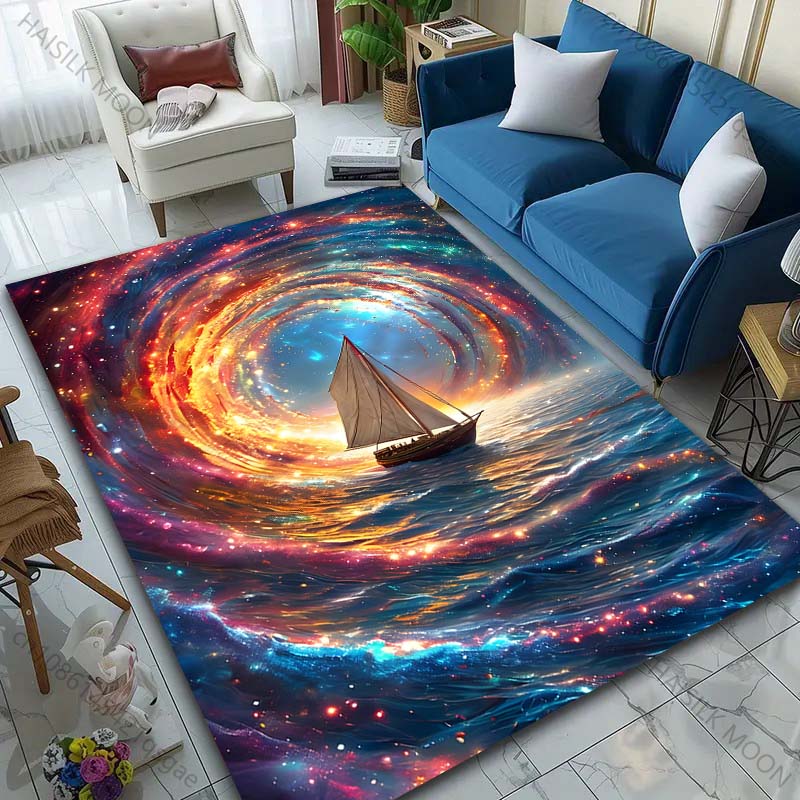 1PC Mystical starry vortex and sailboat Print Carpet Rug for Living Room Bedroom Sofa Doormat Home Decor Non-slip Floor Mat