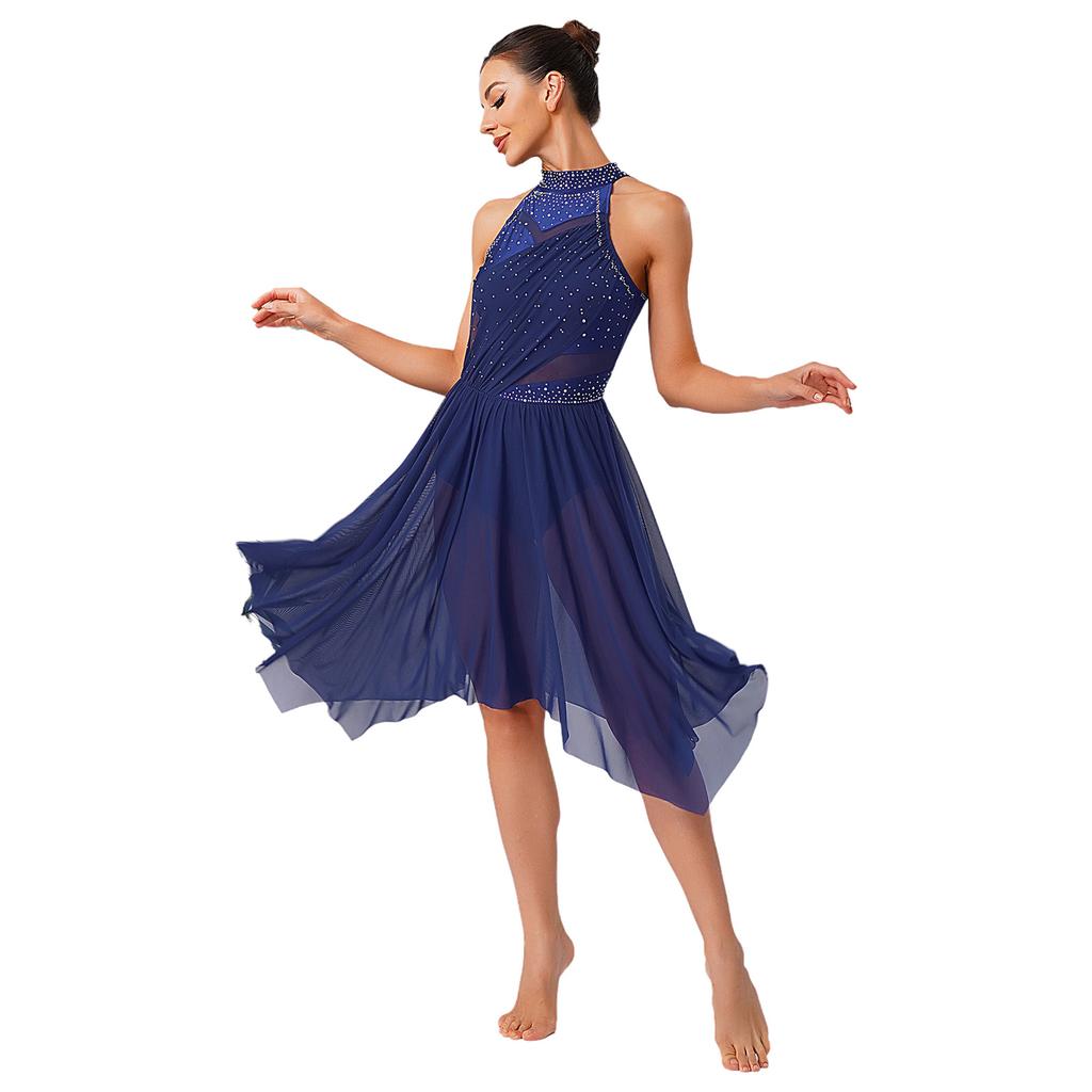 Премиальный костюм для лирического танца для женщин S-XXL Платье-халтер со стразами и сетчатой юбкой с оборками для соревнований и занятий
