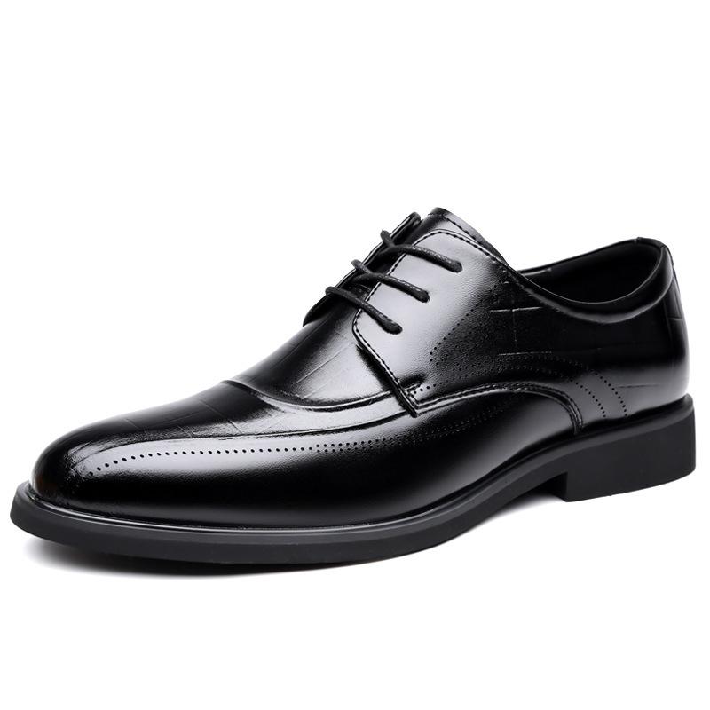 2026 spring and autumn new men's business dress leather shoes men's embossed fashion British pointed lace-up single shoes men 7995