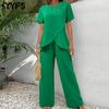 Women's Fashion Casual Summer Spring Solid Color Print Short Sleeve O-Neck Trousers Pants Suits