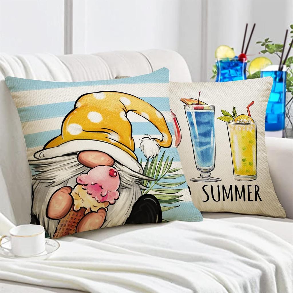 Hello Summer Vibes Gnome Decorative Throw Pillow Cover 18X18In Set Of 4 Ice Cream Popsicle Juice Porch Patio Outdoor Couch