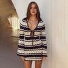 Women's Swimwear Cover-Up Striped Crochet Hollow Out Mesh Beach Dress V-Neck Tie Front