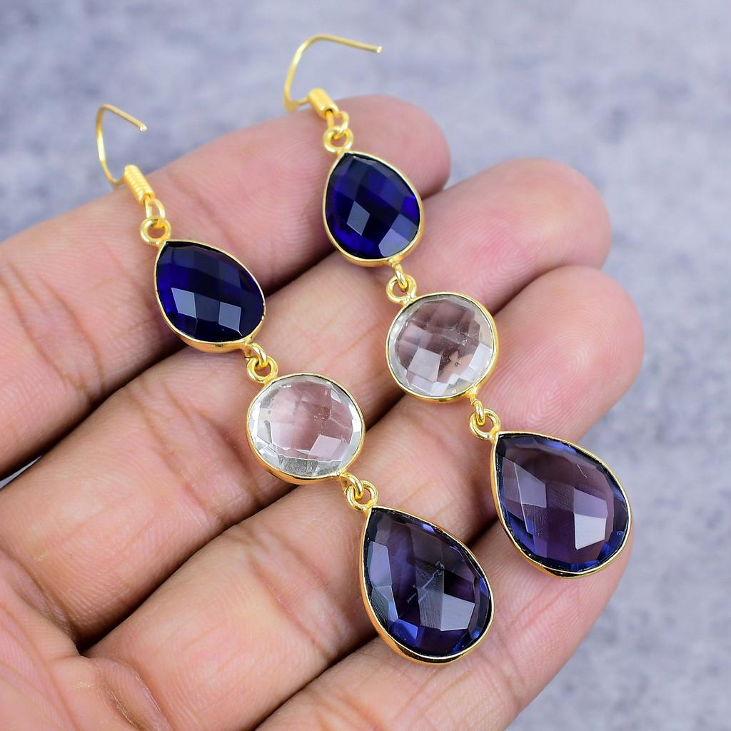 White Topaz, Amethyst Gemstone 925 Sterling Silver Jewelry Earring 2.99" M-2641