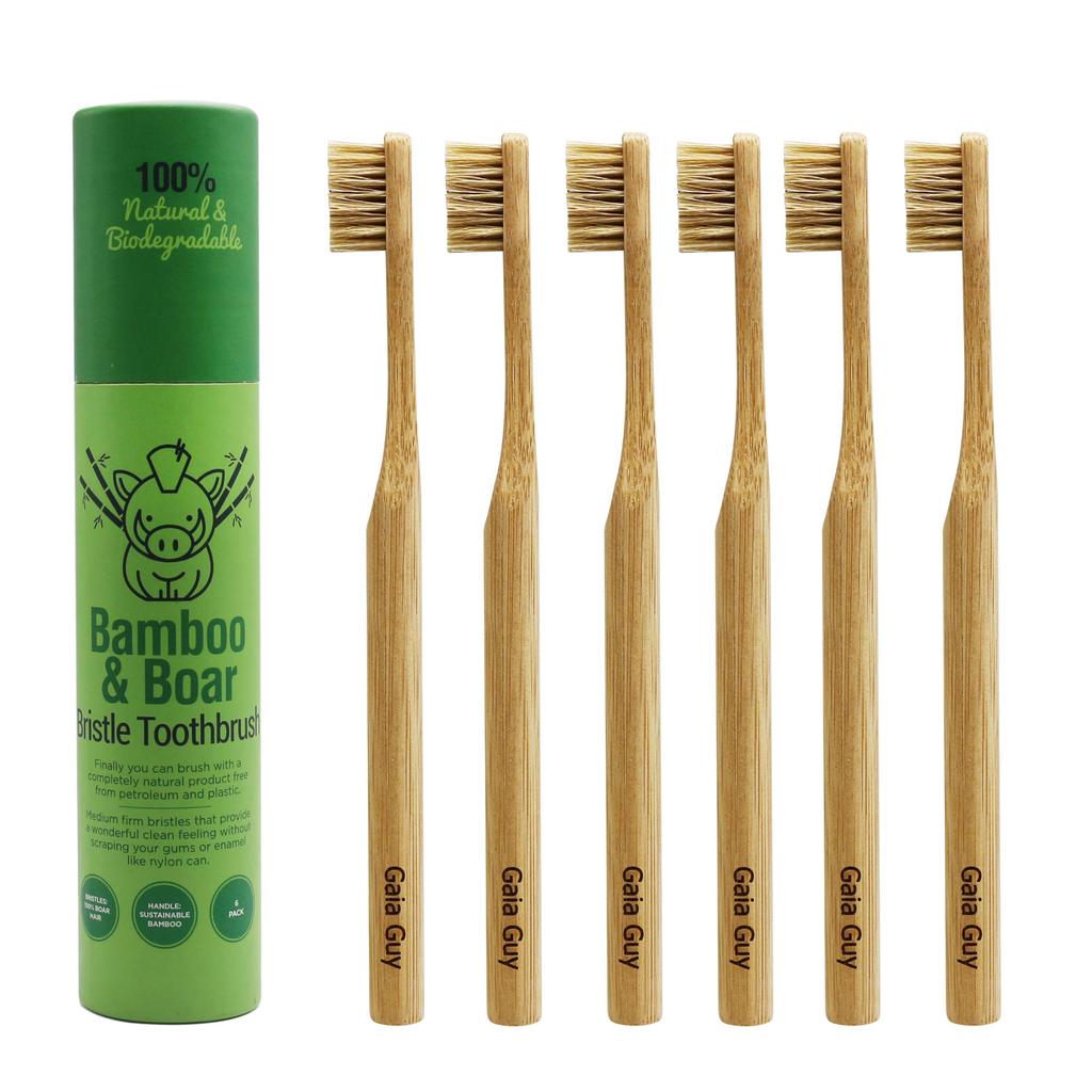 Natural Bristle Bamboo Toothbrush Completely Biodegradable Pig Handle Zero Waste Set of 6 (Nylon Free) - 100% Bristle/Bamboo -