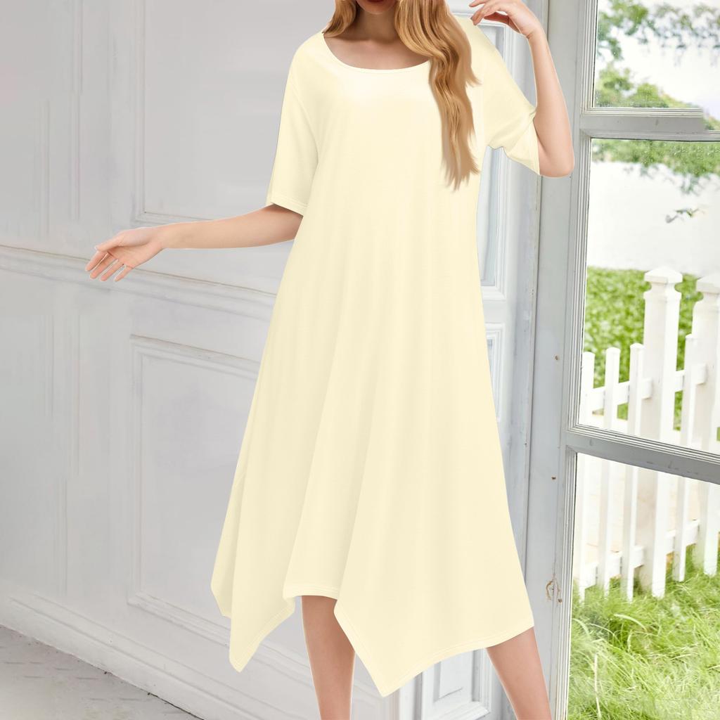 Женское повседневное модное платье миди с круглым вырезом и коротким рукавом, однотонное, с неровным подолом