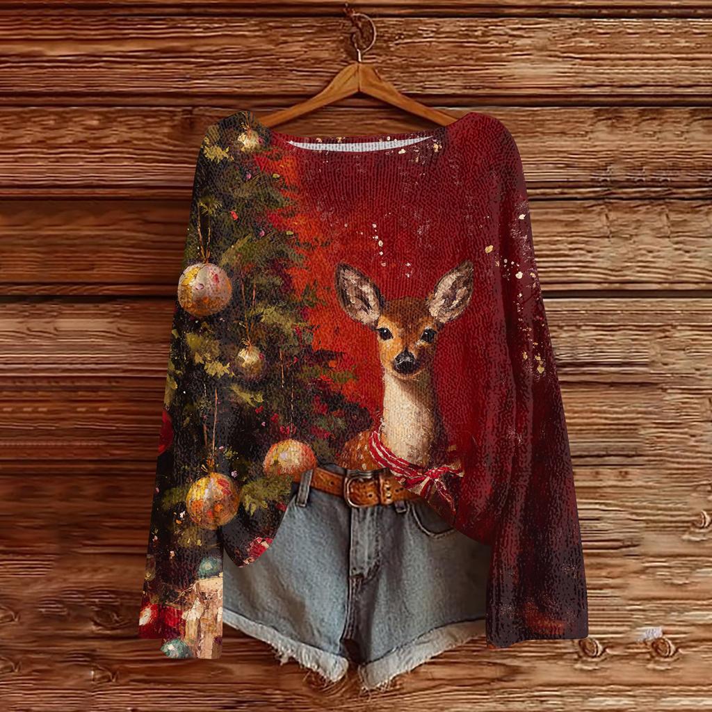 Женский повседневный модный топ с круглым вырезом, рождественским принтом, длинным рукавом, вязаный пуловер