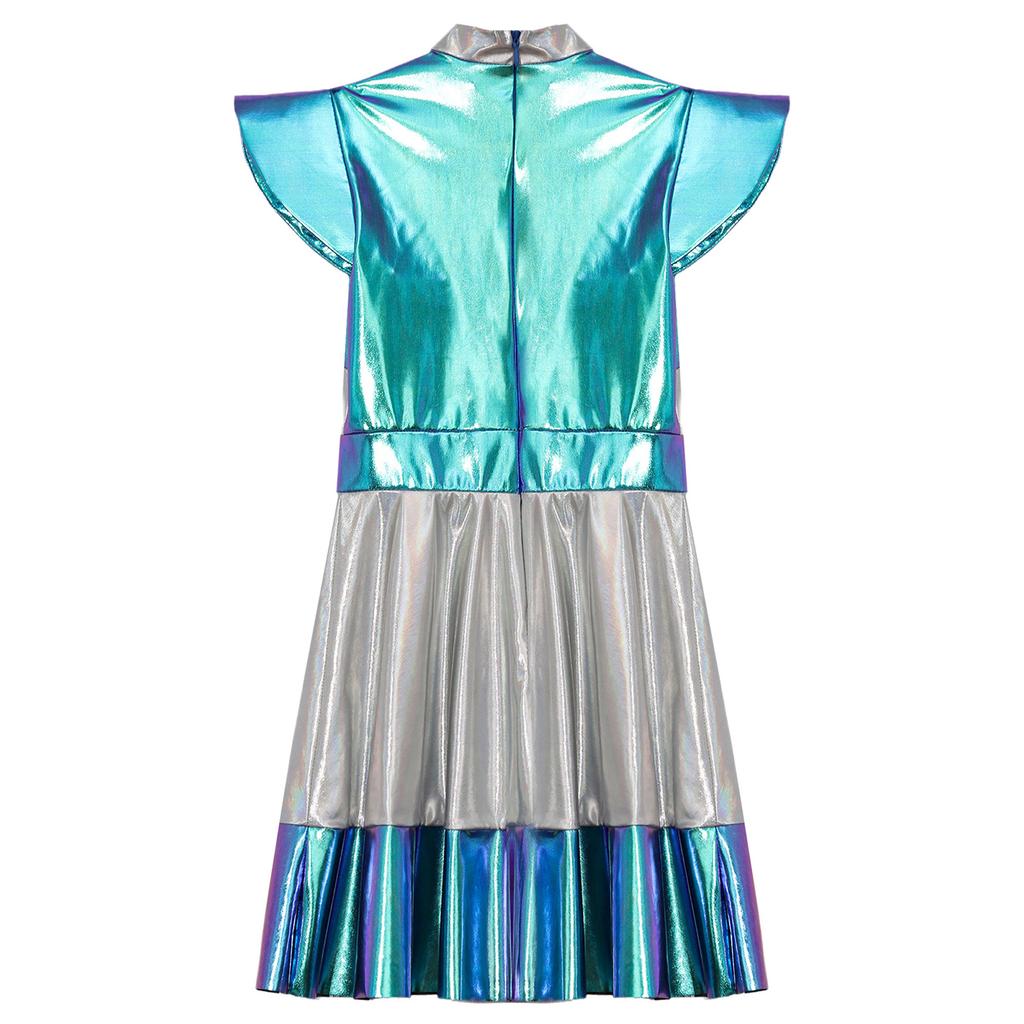 Детский глянцевый металлический космический костюм милашки на Хэллоуин, карнавальный костюм инопланетянина, платье с короткими рукавами, одежда Roly Play