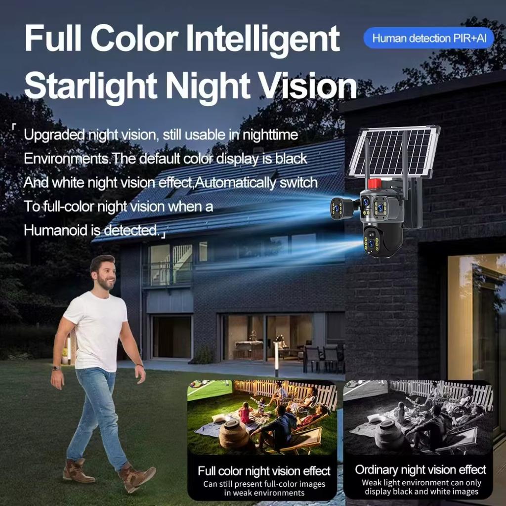 V380Pro 12MP Multi-Lens 3 Screen CCTV Camera Solar 4G WIFI Wireless Solar Panel Powered Surveillance PTZ Camera Waterproof Outdoor