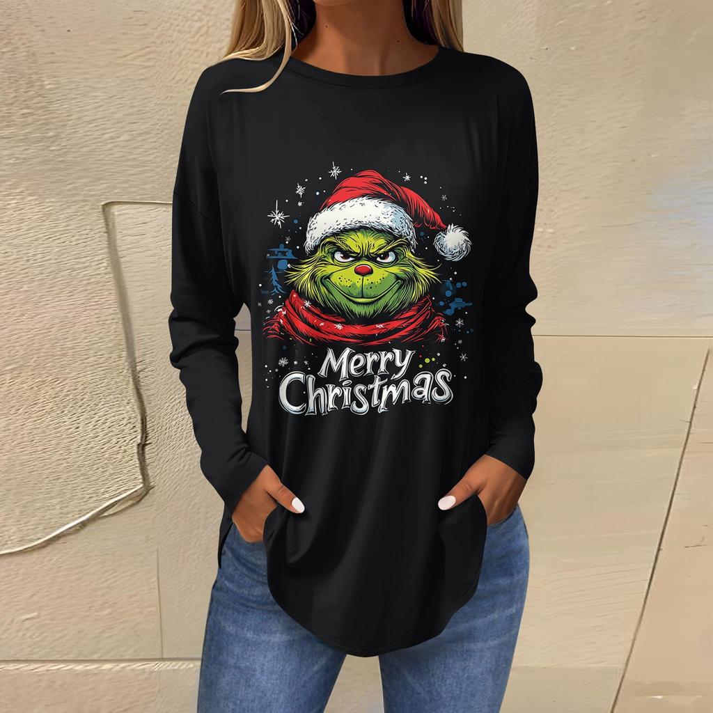 Women's Loose Round Neck Print Long Sleeve T-Shirt Top Pullover