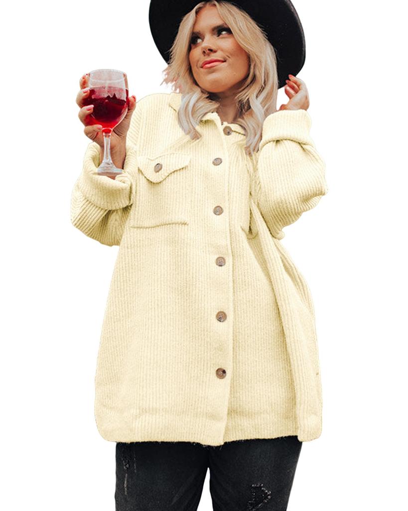 Azura Exchange Beige Plus Size Ribbed Flap Pocket Collared Knit Jacket