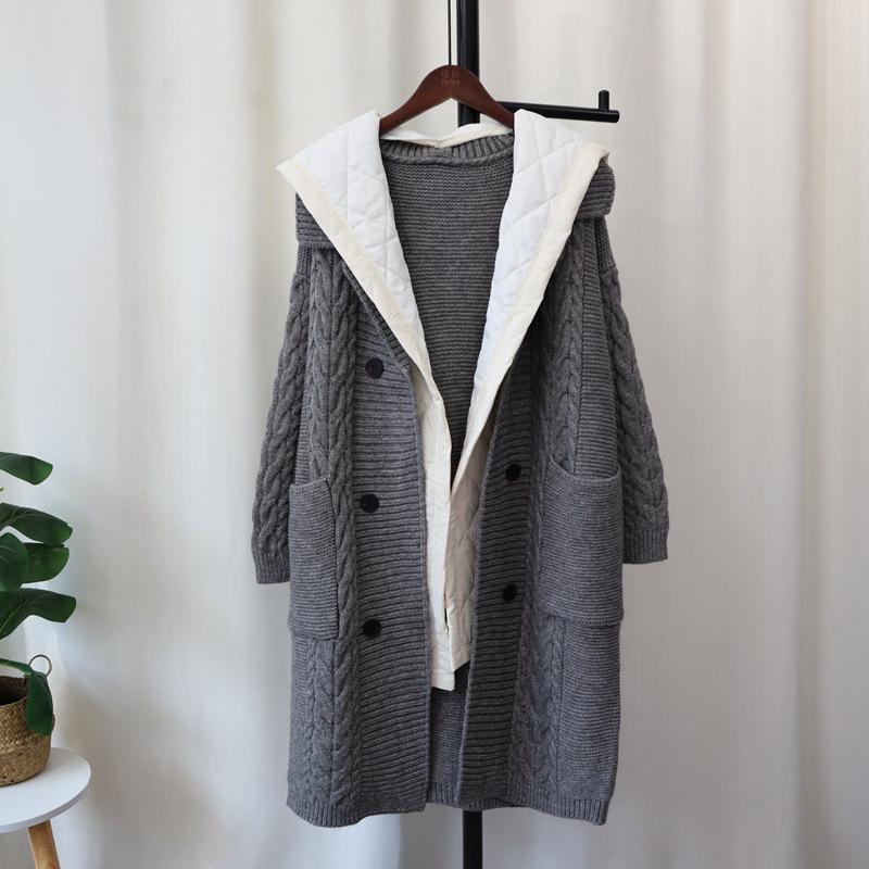 Long Over-knee Splicing Cotton Clothes Knitted Cardigan Autumn and Winter New Hooded Loose Design Sweater Jacket Women