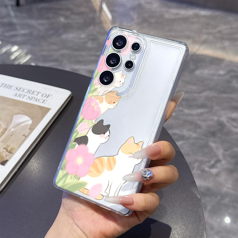 Чехол для телефона «Кошки среди розовых цветов» для Samsung Galaxy S26 S25 S24 S23 S22 S21 S20 FE Plus Прозрачный защитный чехол из ТПУ