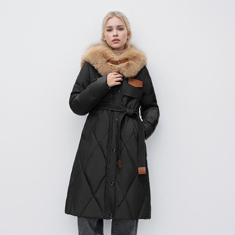 Европейская и американская одежда из хлопка-пуховика, женская, средняя и длинная, с большим меховым воротником, приталенная, зимняя куртка