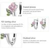 Bisaer 925 Sterling Silver Enamel Pink Realistic Cherry Blossom and Tree Leaf Earrings Buckle for Women Jewelry