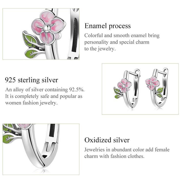 Bisaer 925 Sterling Silver Enamel Pink Realistic Cherry Blossom and Tree Leaf Earrings Buckle for Women Jewelry