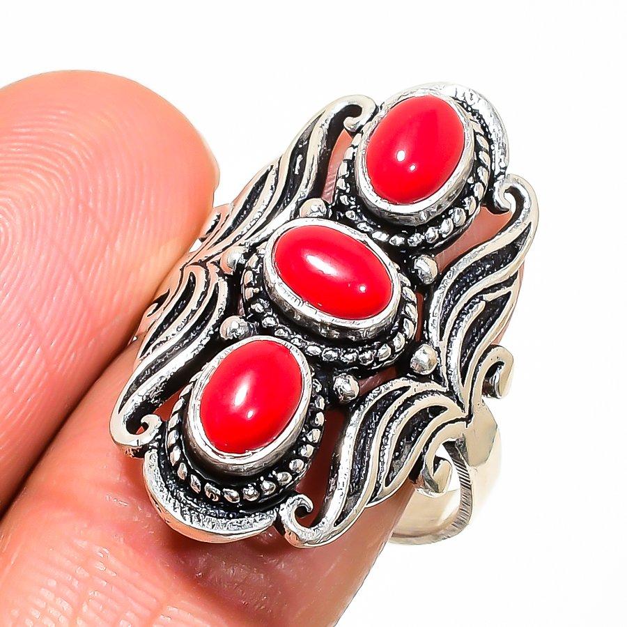 Натуральный итальянский красный коралл Серебро 925 пробы Кольцо Размер 9.5 AR-16745