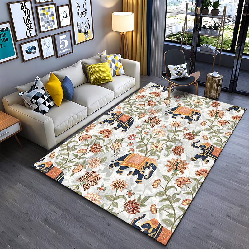 Floral Elephant Pattern Carpet, Artistic Bohemian Style Home Decor Suitable for use as an anti-slip for living room bedroom sofas
