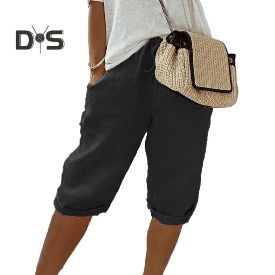 Повседневные брюки с карманами, дышащие, с эластичной резинкой на талии, однотонные, в винтажном стиле, свободные брюки до колена с завязками для женщин