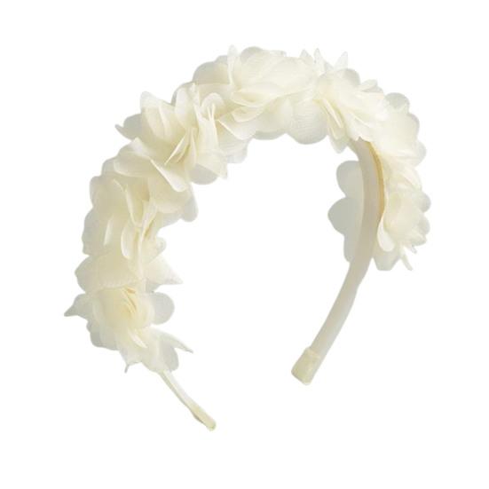 Soft Yarn Headband with Gauze Flowers Faux Pearls Decor Romantic Style Elastic Crown Hairband Parties Weddings Daily Wear