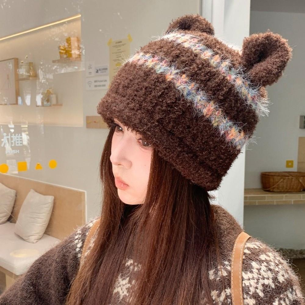 Ear Protection Striped Beanie Hat Polyester Bear Ear Earflap Beanie Warm Winter Hat For Women