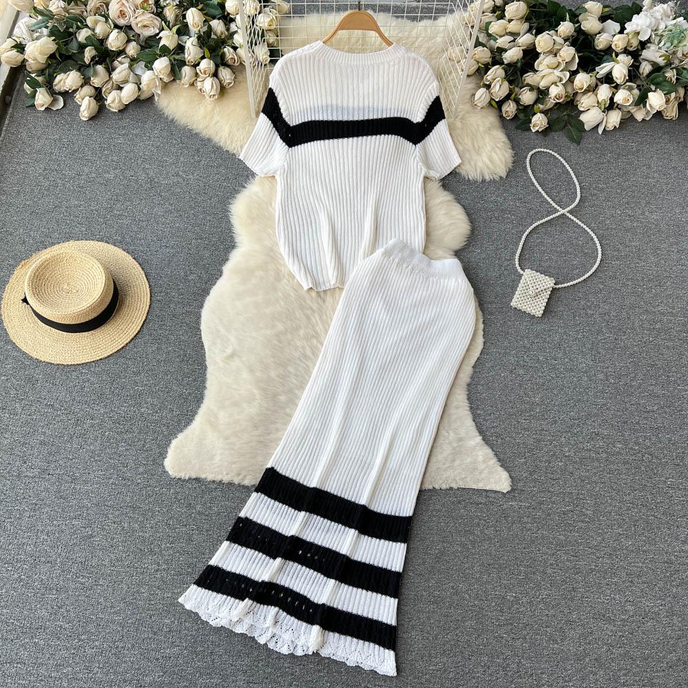 Пляжный вязаный свитер для отпуска, костюмы для женщин, с круглым вырезом и короткими рукавами, свободная футболка + длинная макси-юбка «рыбий хвост», повседневные шикарные комплекты из двух предметов
