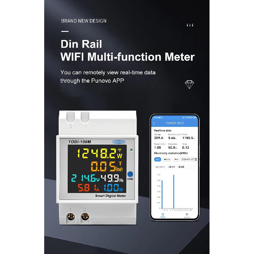 TOMZN 6-in-1 WiFi Smart Meter – Voltage, Current, Power, Energy, Frequency, PF, Timer, with Internal/External CT