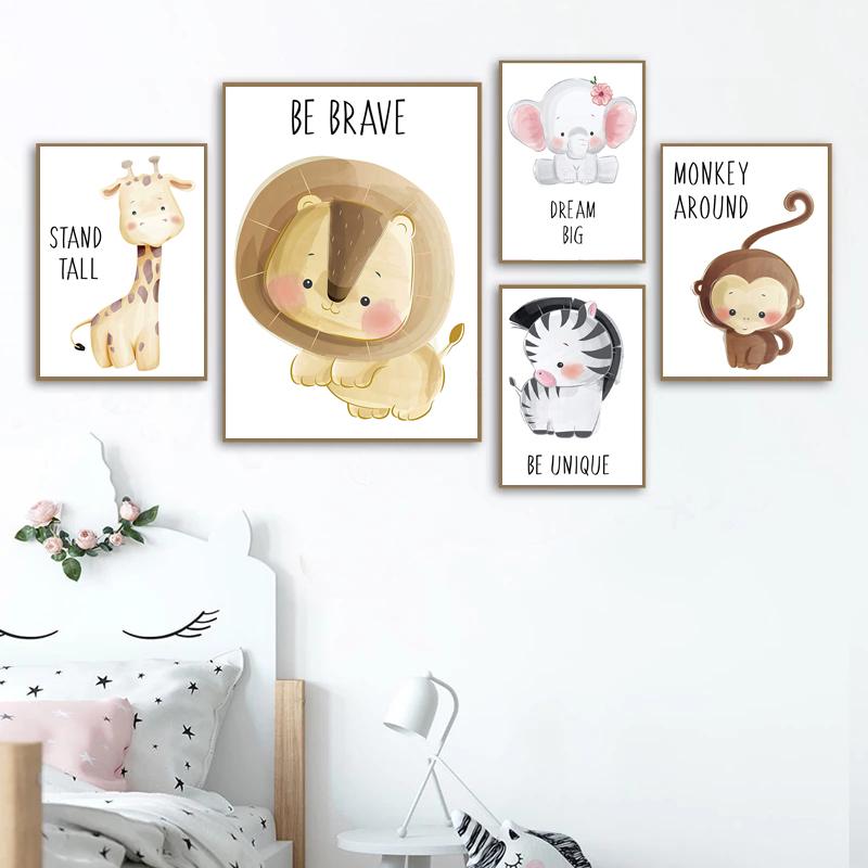 Cartoon Cute Animal Giraffe Lion Monkey Elephant Baby Posters And Prints Wall Art Canvas Painting Wall Pictures Kids Room Décor No Frame