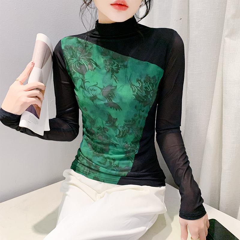 Футболка в корейском стиле с принтом для женщин, с длинными рукавами, зимняя, новая, с полувысоким воротом, сетчатая рубашка, облегающая