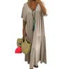 Women Summer Cotton Linen Maxi Dress Loose Short Sleeve V-Neck Flowy Dress Casual Tiered Beach Swing Dress