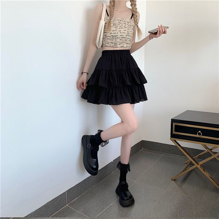 Pleated A-line Mini Skirt White Women Ruffles Sweet Hottie Preppy Style Elastic Waist Slim Thin Casual Summer Skirts