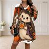 Women Plus Size V Neck Long Sleeve Halloween Sloth Printed Loose Curved Hem Dress