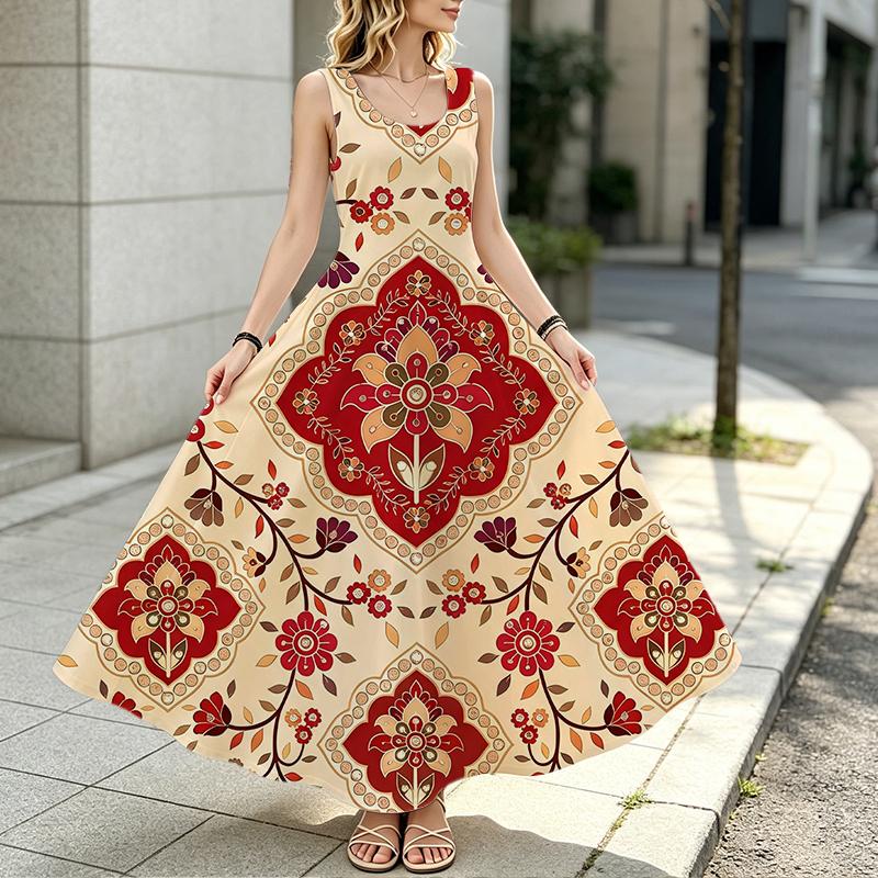 Women's Sleeveless Long Dress,Vintage Floral Design,Lightweight Loose Fit,Fashion Elegant Style for Casual Daily Wear