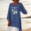 Women Fashion 3/4 Sleeve Top Round Neck Print Plus Size Blouse Thin Cotton Linen Shirt
