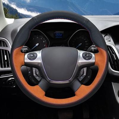 GNUPME DIY Customized Name Hand-Stitched Black Genuine Leather Car Steering Wheel Cover for Ford Focus Kuga Mondeo Edge