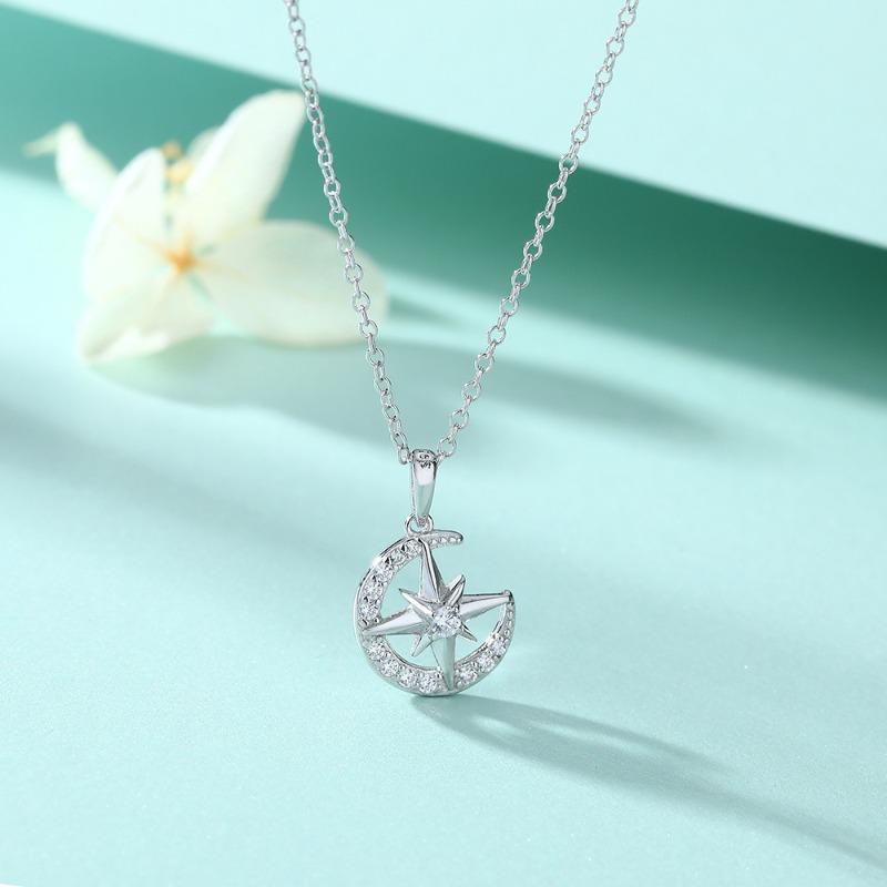 Zircon Diamond Star Moon Pendant 925 Sterling Silver Necklace Ladies Versatile Star Moon Silver Necklace