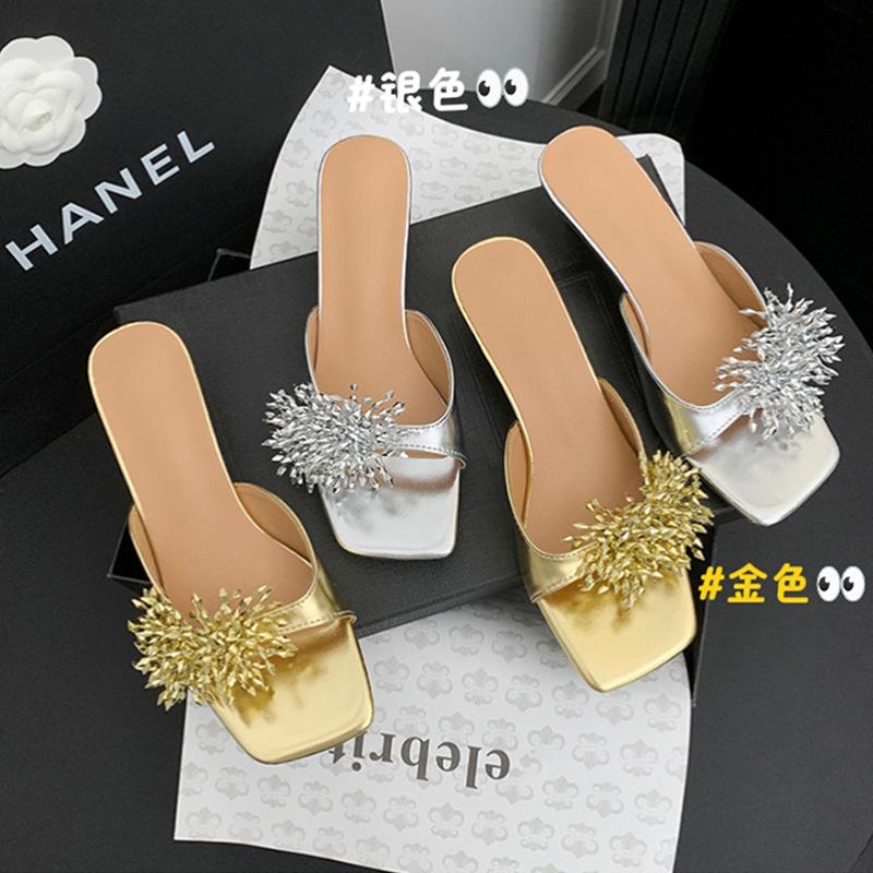 Rhinestone High-heeled Cool Slippers Female Summer 2025 New Outer Wear High-end Fairy Style with Skirt Thick Heel Silver Slippers