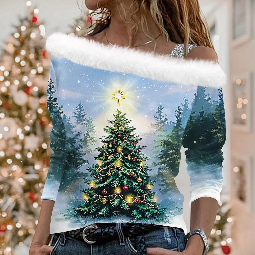 Женские топы с длинными рукавами. Модные женские свободные пуловеры с открытыми плечами с рождественским принтом.