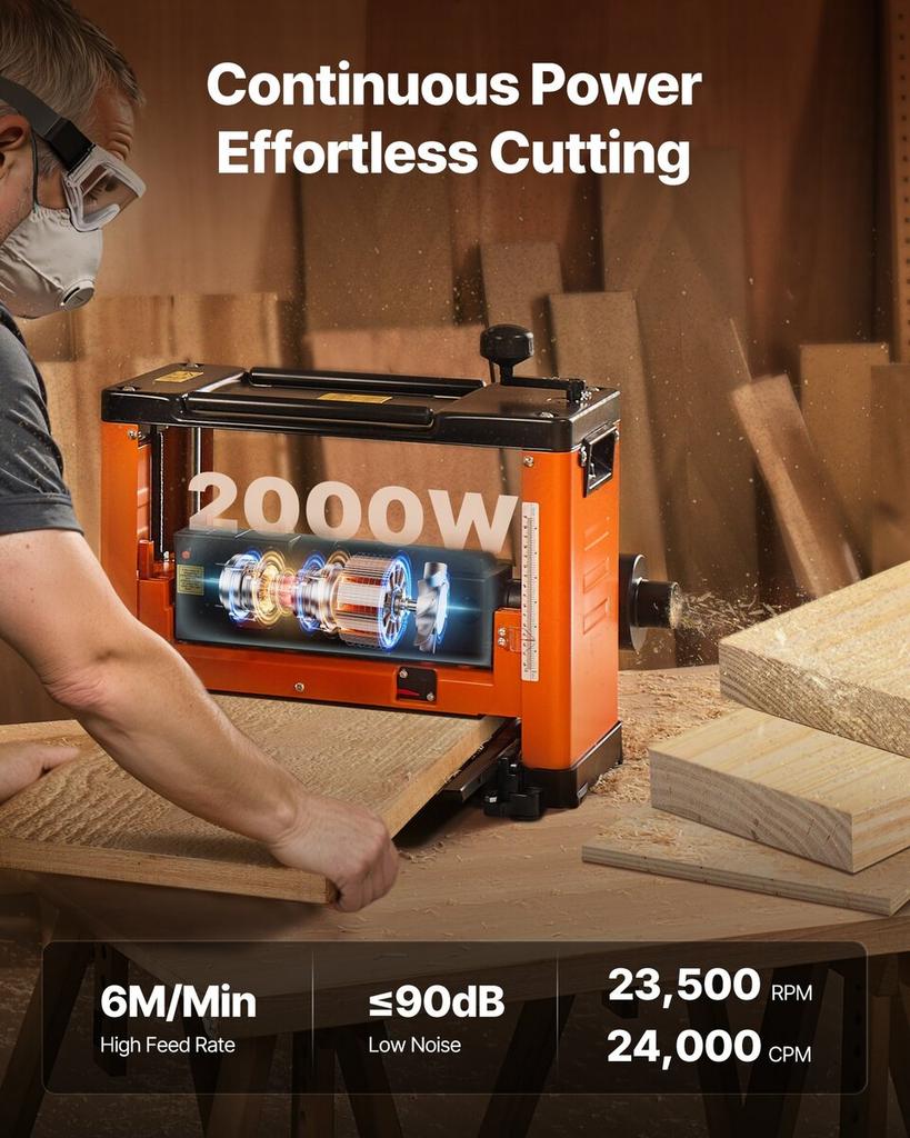 Thickness Planer, Three-Blade, 330 mm Width Worktable Power Benchtop Planer, 2000W 23500 RPM Powerful Motor, Dual Rollers, Over Protection, Single